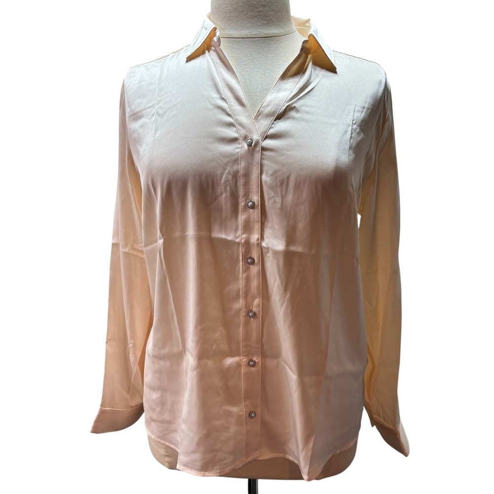 Denim & Co Blush Beige Pink Satin Button Blouse Faux Pearl Rhinestone L #K91